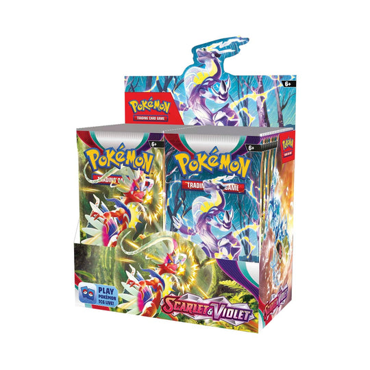 Pokémon TCG: Scarlet & Violet Base Set Booster Box featuring 36 packs, new Gen 9 Pokémon, full-art cards, and rare holographics.