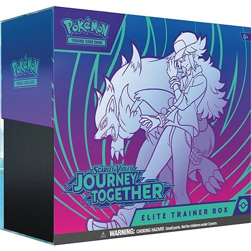 Pokémon TCG: Scarlet & Violet 9 – Journey Together Elite Trainer Box featuring 9 booster packs, exclusive promo card, card sleeves, dice, and storage box.